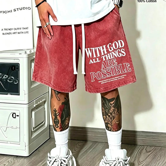 Men's Vintage Washed Shorts, 100% Cotton Drawstring Oversized Loose Fit, Christian Inspirational Streetwear, All over Print, Casual Five-Pocket Pants