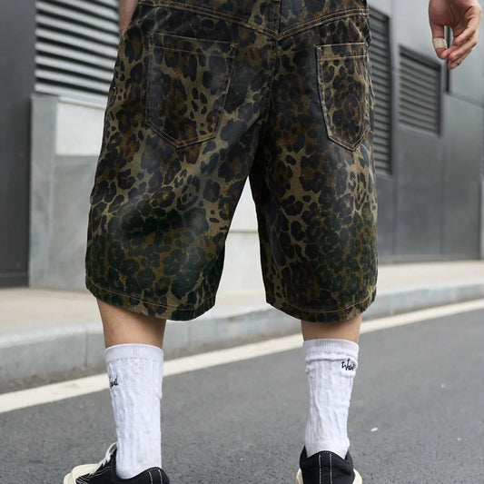 Men's Retro Leopard Print Denim Jean Shorts, Summer Streetwear Loose-Fit Wide-Leg Shorts, Trendy Relaxed Fashion Style Streetwear Bottom, Loose Casual Fashion
