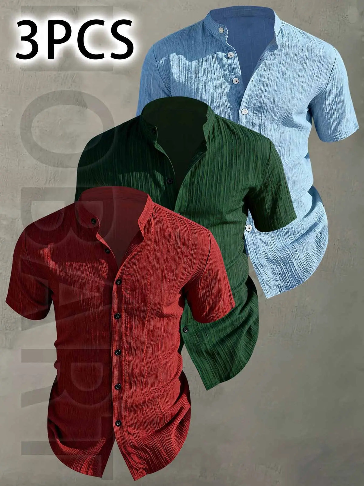 3pcs Set Men's Summer Short Sleeve - Lightweight Breathable Plain Color Button-Up Casual Shirt with Stand Collar, Low-cut collar designr Beach Vacation, Pool Party & Casual Attire, Beach Shirt, Collared Fitted Shirt, gift for husband