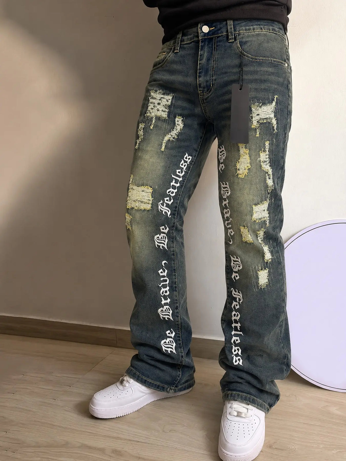 Men's Embroidered Jeans, Micro Flare Denim Jeans, Letter Stitching, Tight Fit, Ripped Bell Bottoms, Washed Y2K Streetwear Style, All Seasons, Pants