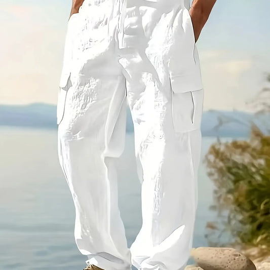 2026 Fashion Comfy Men's Linen Cargo Trouser Pants for Outdoor Beach, Drawstring Multi-Pocket Straight Leg Breathable Classic Casual Long Pants