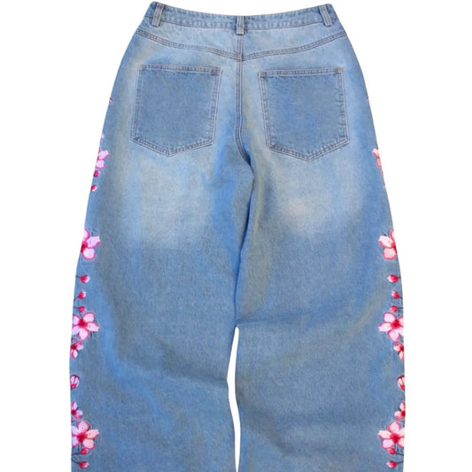 New Traditional Style Men's Wide Leg Baggy Denim Jeans, Embroidered Denim Jeans, Washed Light Blue, Side Floral Embroidery, Straight Fit Long Pants, Trendy Casual Fashion