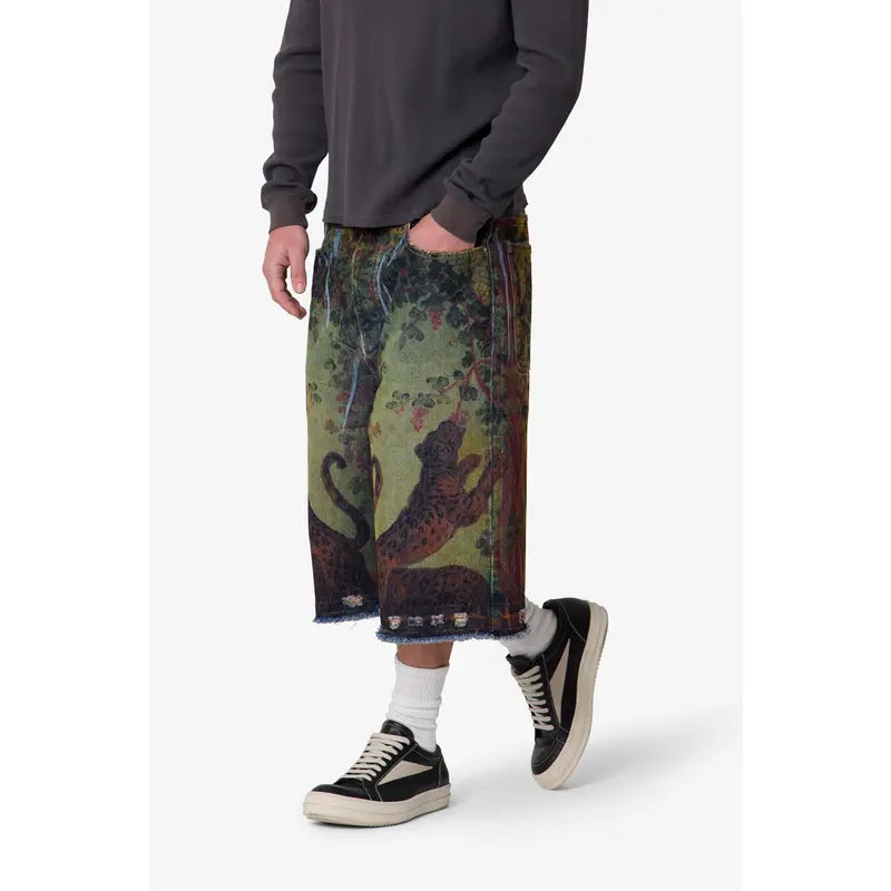 mnml Ultra Baggy Leopard Denim Shorts - Multi Vintage Sublimation
