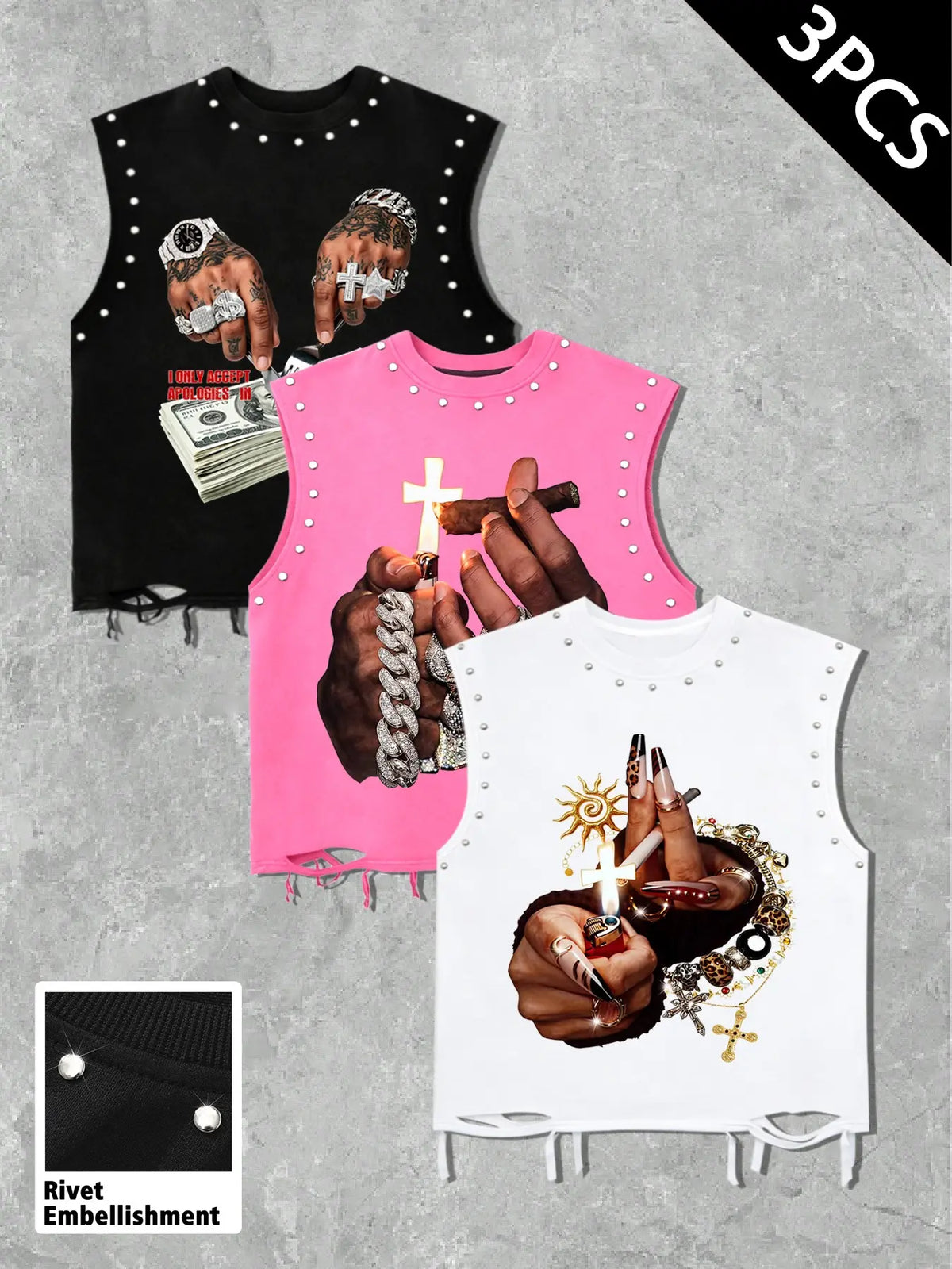 Summer Unisex Graphic Vest Set, Loose-Fit Sleeveless Top, Rivet Design & Ripped Hem, Casual Streetwear, 3-Piece, Graphic Print Vest