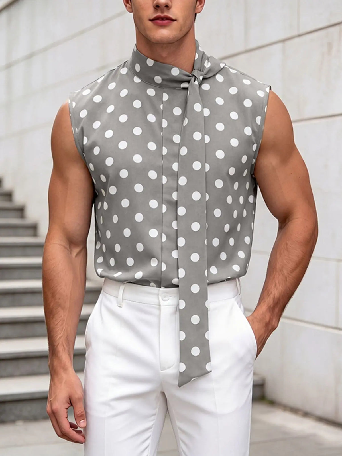 INCERUN Men's Casual Fashion Tank Top, Floral Polka Dot Ribbon Tie Backless Sleeveless Vest, Perfect for Daily Wear, Stylish and Comfortable Design