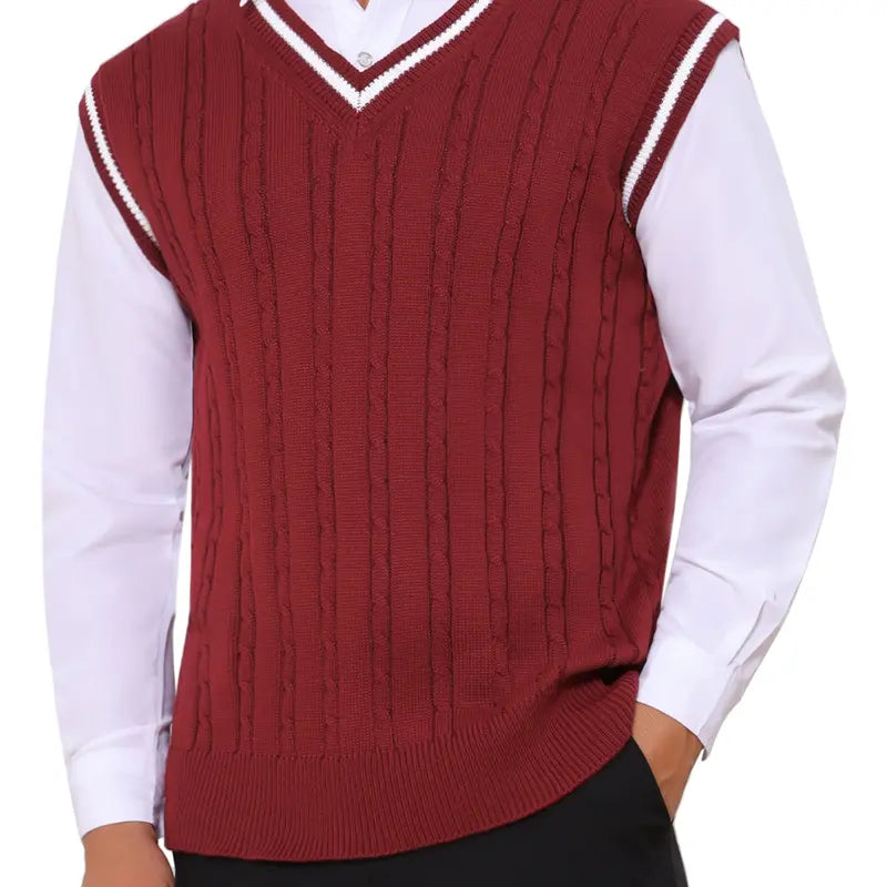 INSPIRE CHIC Men's Solid Color V-Neck Sleeveless Cable Knitted Sweater Vest