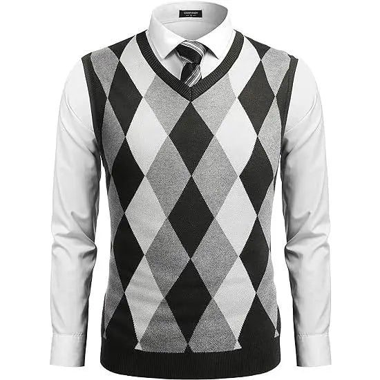 Fall Outfits Men's V-Neck Sleeveless Argyle Sweater Vest Slim Fit Casual Knitted Pullover for Spring Autumn Winter Office Wear & Party Events