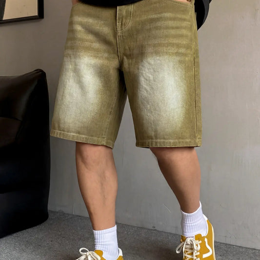 Men's basic vintage wash straight-leg Jean Classic denim shorts, Pocket, casual, Streetwear, versatile, and comfortable. Non-stretch denim shorts with a regular straight-leg fit. If you prefer a looser feel, you can size up.