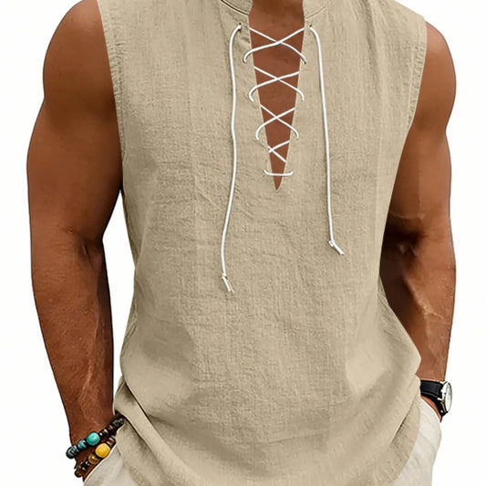 American Summer Loose Casual Men's Viking Medieval Drawstring Linen Breathable Sleeveless Design Tank Top, Comfortable and Stylish Unisex Clothing