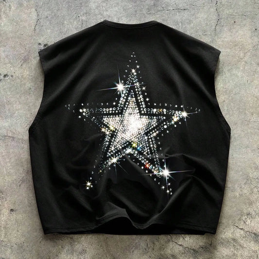 Sleeveless short loose vest, made of fully polyester breathable fabric, with hot-fix rhinestone craftsmanship, star pattern, suitable for parties, nightclubs, and daily wear in multiple scenarios, lightweight and breathable fabric