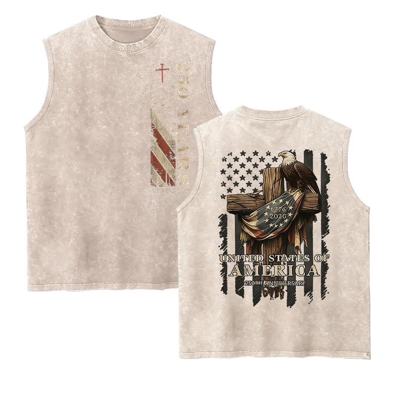Women's Patriotic Navy 250th Anniversary Eagle Graphic Crew Neck Tank Top - 100% Solid Soft Breathable Cotton, Casual Lightweight Seamless Loose Sleeveless Clothes, Custom Digital Print Foldable Vest