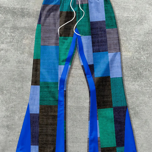 Men's New American Vintage Colorblock Plaid Long Wide Leg Pants, Drawstring Waist Loose Casual Trousers, Ideal Holiday Gift Choice, Casual Loose Fit