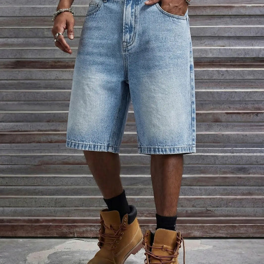 Men's Loose Fit Oversize Wide Leg Casual Fashion Denim Shorts, Classic Street Style, Plain Color with Pocket Design