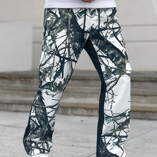Unisex Regular Fit Flared Camo Print Camouflage Drawstring Waist Cargo Pants, Men's Street Fashion Casual Cargo Style Fashionable Pocket Trousers For Daily Wear, Fashion Men's Bottoms For All Seasons, Casual Streetwear Trousers, Streetwear Clothing