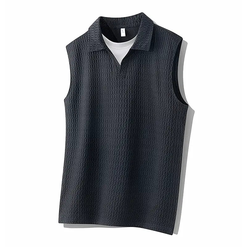 Summer solid-color sleeveless polo shirt for men, simple turn-down collar design, casual style, plus size, everyday top