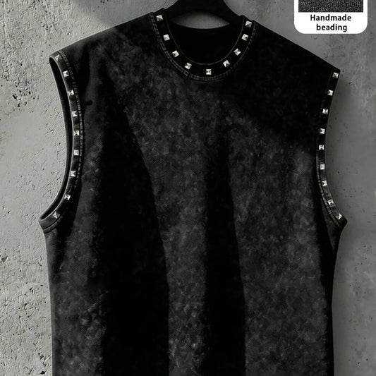 Unisex Y2K Summer Wear Casual Loose Oversized Silver Color Metal Rivet Decorative Lightweight Sleeveless Tank Top Vest, Plain Texture, No Sleeves, Fashionable Design