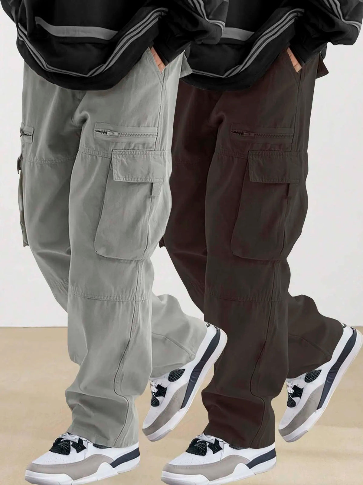 Men's Plain Loose Fitting Drawstring Waist Casual Cargo Pants, Loose Street Fashion Zipper Casual Slant Pocket Trousers, Pants for Men, Summer Work Outfits, Men's Bottoms, Casual Streetwear Trousers, Adjustable Waist Pants