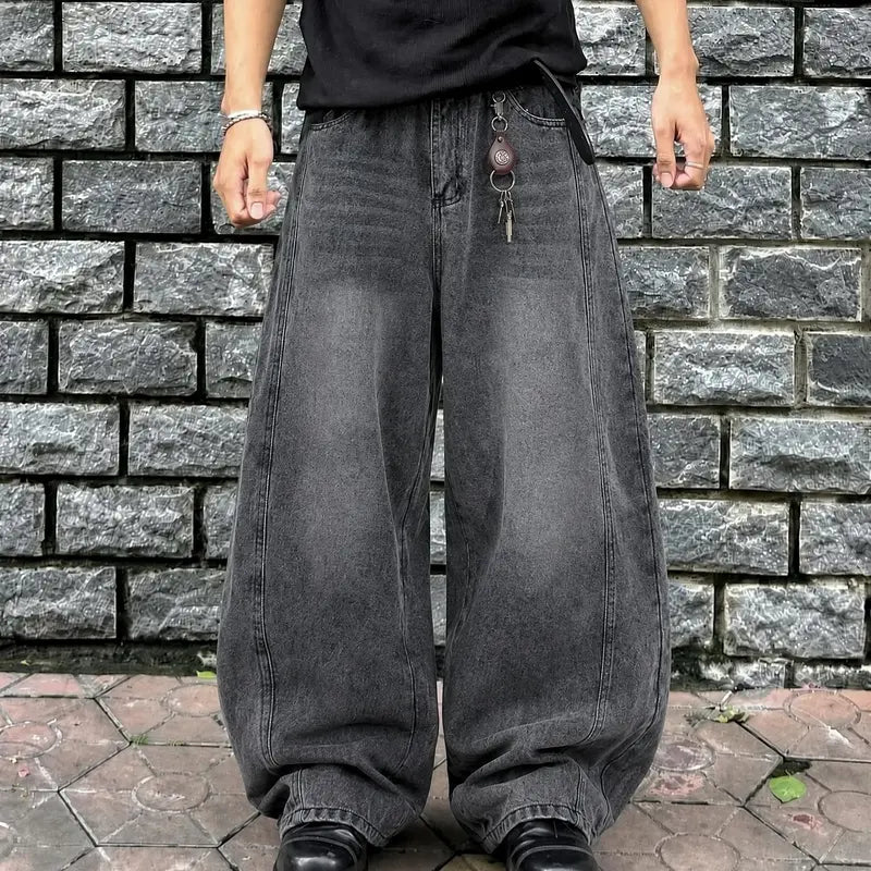 Men's Plain Baggy Denim Jeans - 90s-2000s Retro Vintage Clothing, Washed Charcoal Black Rigid Cotton, Oversized Loose-Fit Streetwear, Male All-Season Breathable, Raw Wash Vertical Paneled Seams, Sandblasted Whisker Fade