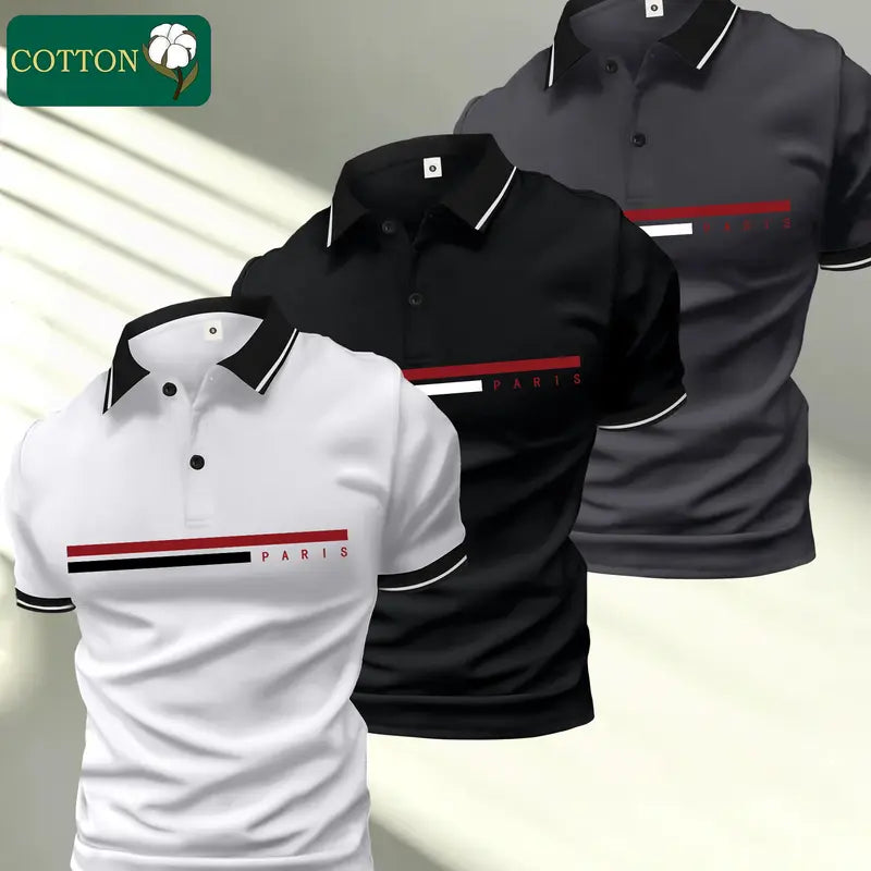 Stylish Men's Polo Shirt Set, Printed Cotton Menswear Top, Short Sleeve with Turn-Down Collar, Skin-Friendly Fabric,back to school,back to school shopping, Casual,clothes for back to school,first day of school outfits