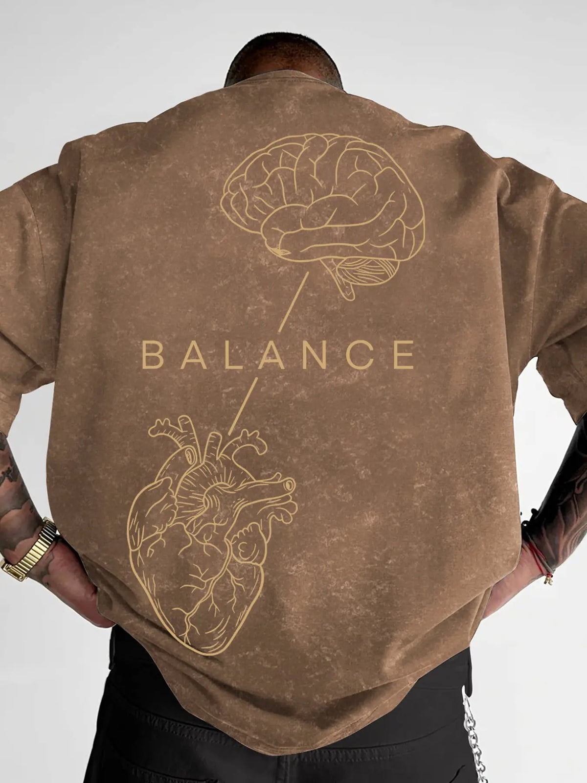Men's "BALANCE" Brain & Heart Print Washed T-Shirt, Casual Streetwear Short Sleeve Tee, Minimalist Graphic Top, Menswear Graphic T Shirts #BalanceTee #BrainHeartPrint #WashedStreetwear #MinimalistTShirt #TikTokMadeMeBuyIt