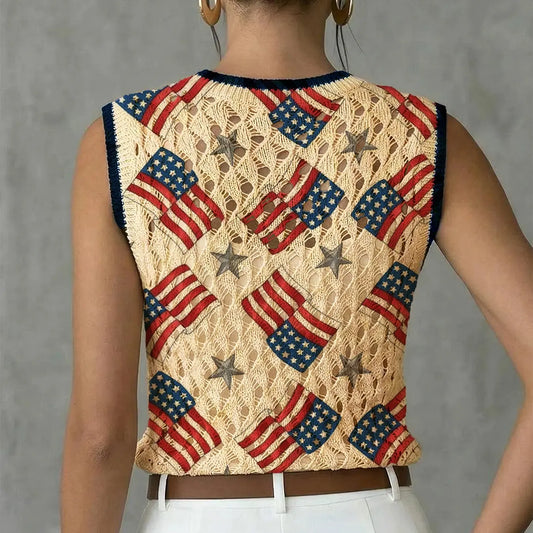 Women's Independence Day Flag Star Print Round Neck Sweater Vest, Casual Sleeveless Knit Top, Breathable Summer Clothing