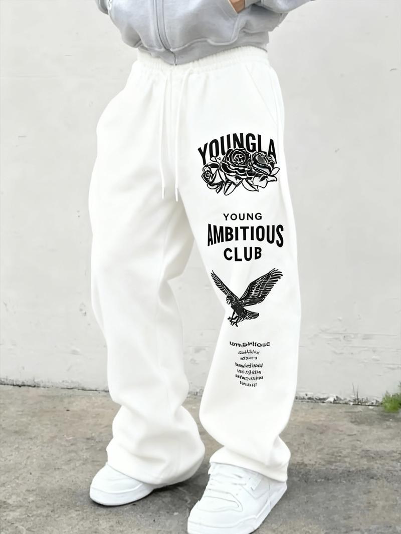 Men's Printed Wide Leg Pants, American High Street Style Loose Fit Long Pants, Rose Eagle Pattern, Casual Skateboard