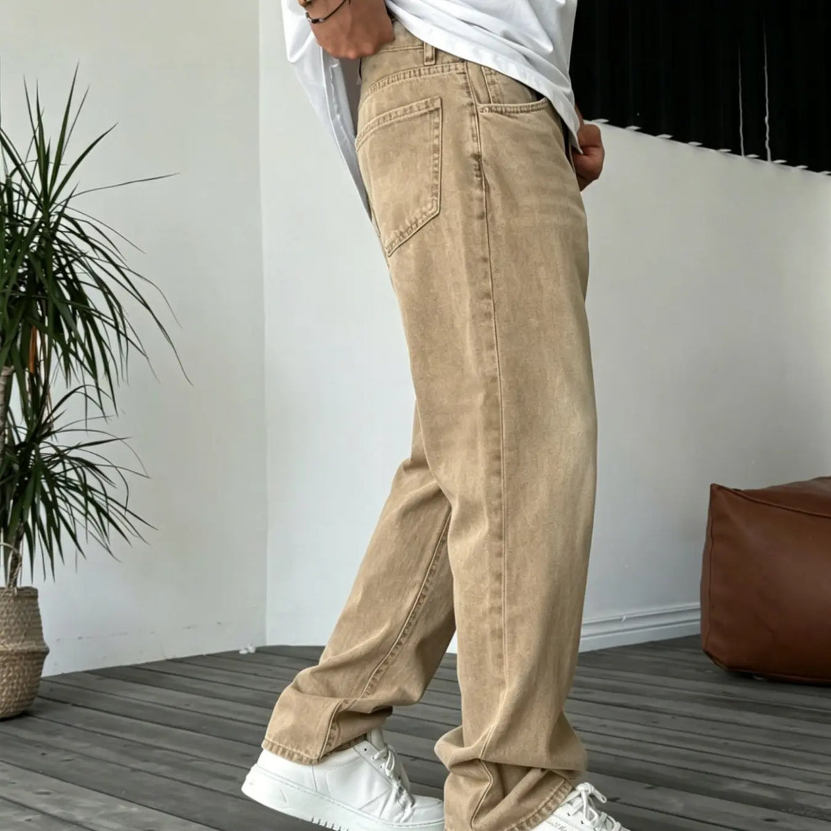 European and American Classic Style Clean Fit Casual Fashion Denim Jeans, Vintage Washed Loose Straight Leg Pants, Casual All-Season Wear