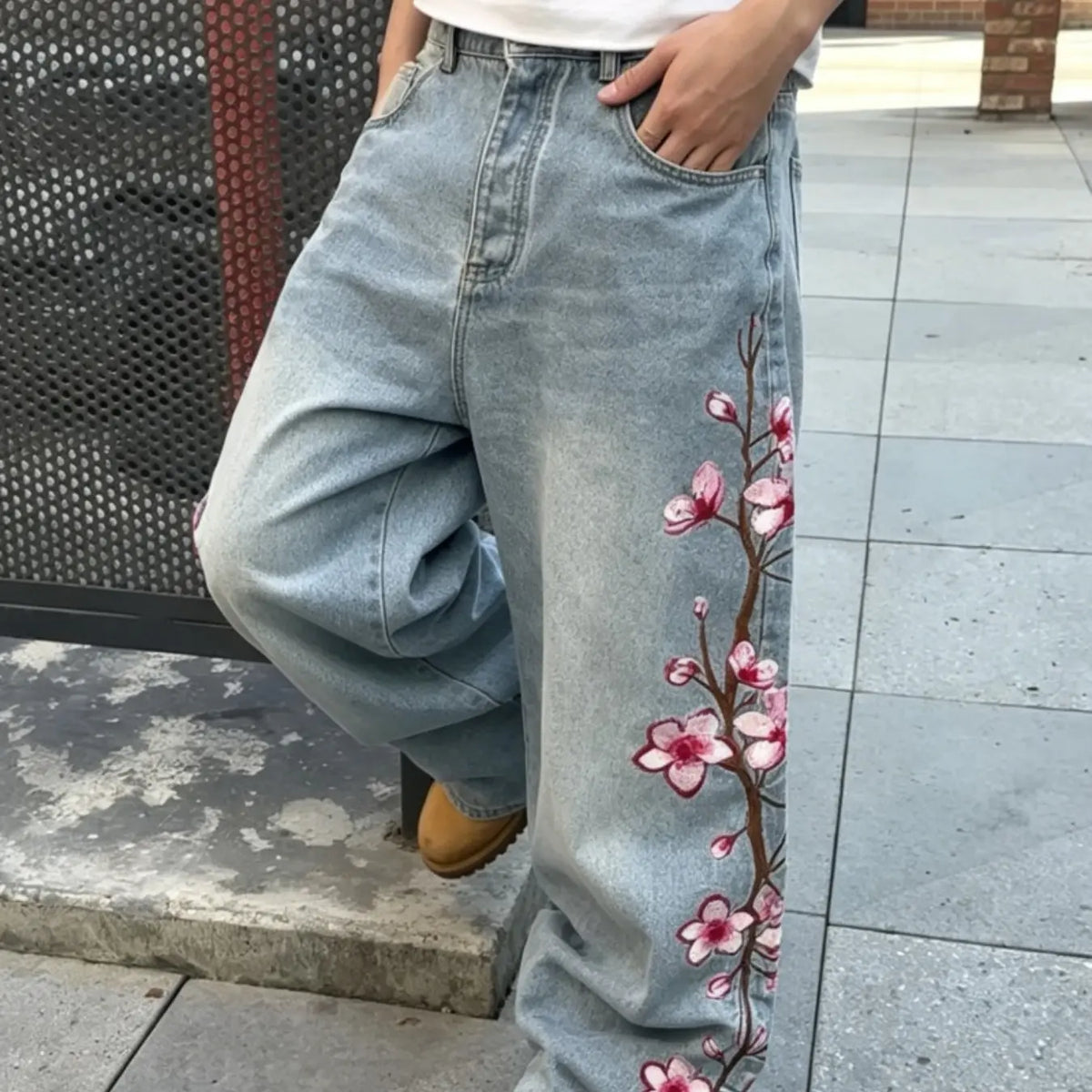 New Traditional Style Men's Wide Leg Baggy Denim Jeans, Embroidered Denim Jeans, Washed Light Blue, Side Floral Embroidery, Straight Fit Long Pants, Trendy Casual Fashion