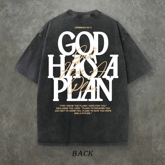 Vintage Washed "God Has a Plan" Double-Sided Print Tee | 230gsm Heavyweight Christian Streetwear, Unisex Wide-Shoulder Fit, High-Quality Cotton Casual Top for Men & Women