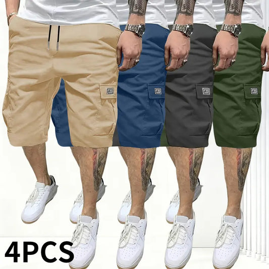 Men's Wear 4-Pack Assorted Plain Solid-Color Cargo Shorts, High-Stretch Polyester Activewear with Flap Pockets, 4-Way Stretch Casual Outdoor Work Bottoms (Khaki, Blue, Gray, Black Shorts)