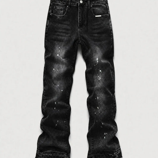 Men's Micro Flare Jeans, Loose-Fitting Button Fly Denim Pocket, Solid Color Y2K Streetwear Style, All-Season Wear, Washed Fabric, Patchwork Design, Hip Hop Jeans