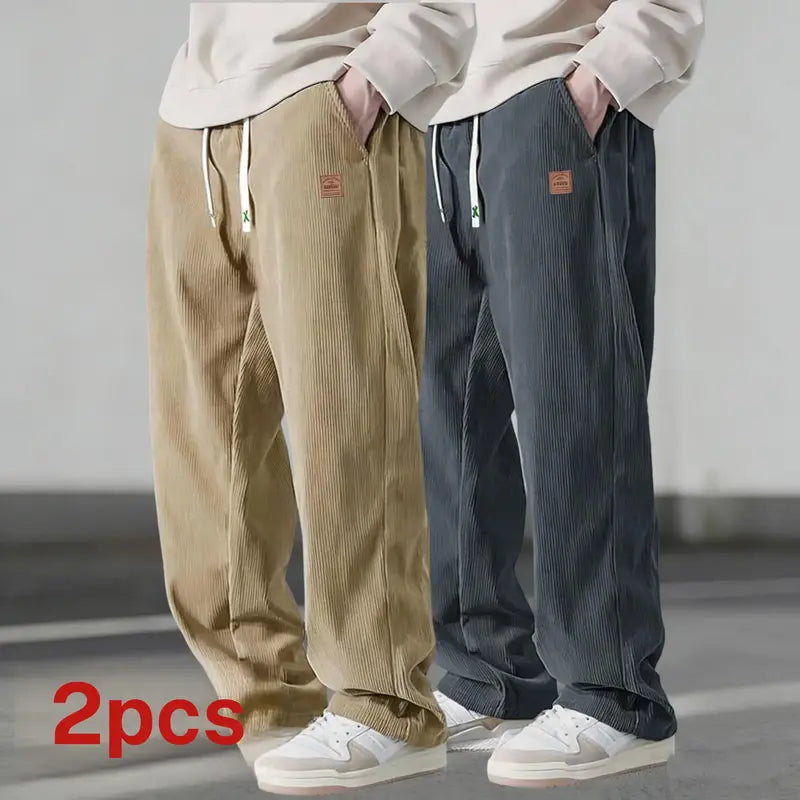 Men's Autumn Corduroy Casual Pants (2 Pairs) - Menswear Plain Trouser, 100% Polyester Clothing, Lightweight Loose Straight-Leg, Drawstring Waist Adapts to Your Fit