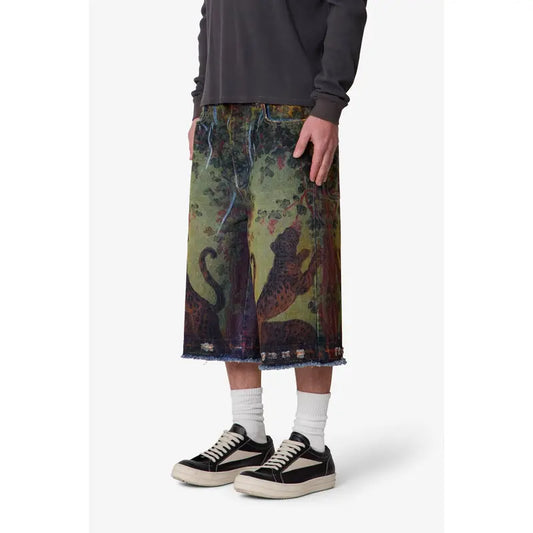mnml Ultra Baggy Leopard Denim Shorts - Multi Vintage Sublimation