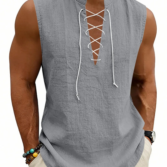 2026 Summer Men's Viking Medieval Drawstring Linen Vest, Open Front Vest, Loose Fit, Breathable, Sleeveless, Casual Style, Plain Pattern, No Collar, No Zipper