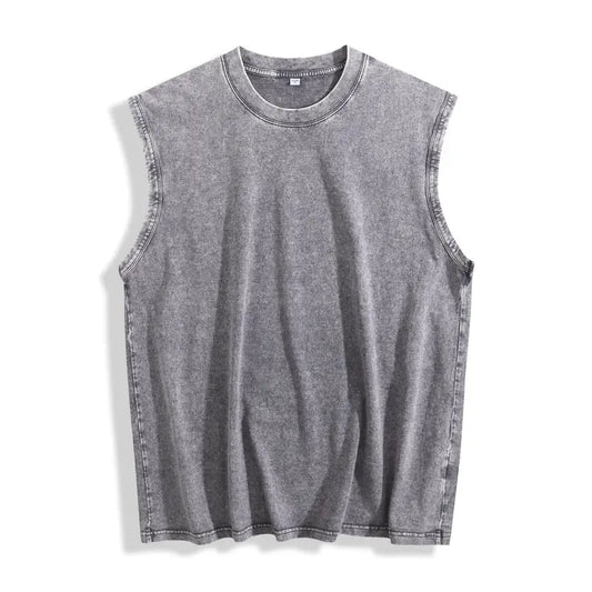 Men's Vintage Stone-Wash 100% Pure Cotton Oversized Solid Tank Top - Casual Aesthetic All-Season Sleeveless Vest with Smooth Ribbed Crewneck, Breathable, Layer-Friendly for Gym, Streetwear