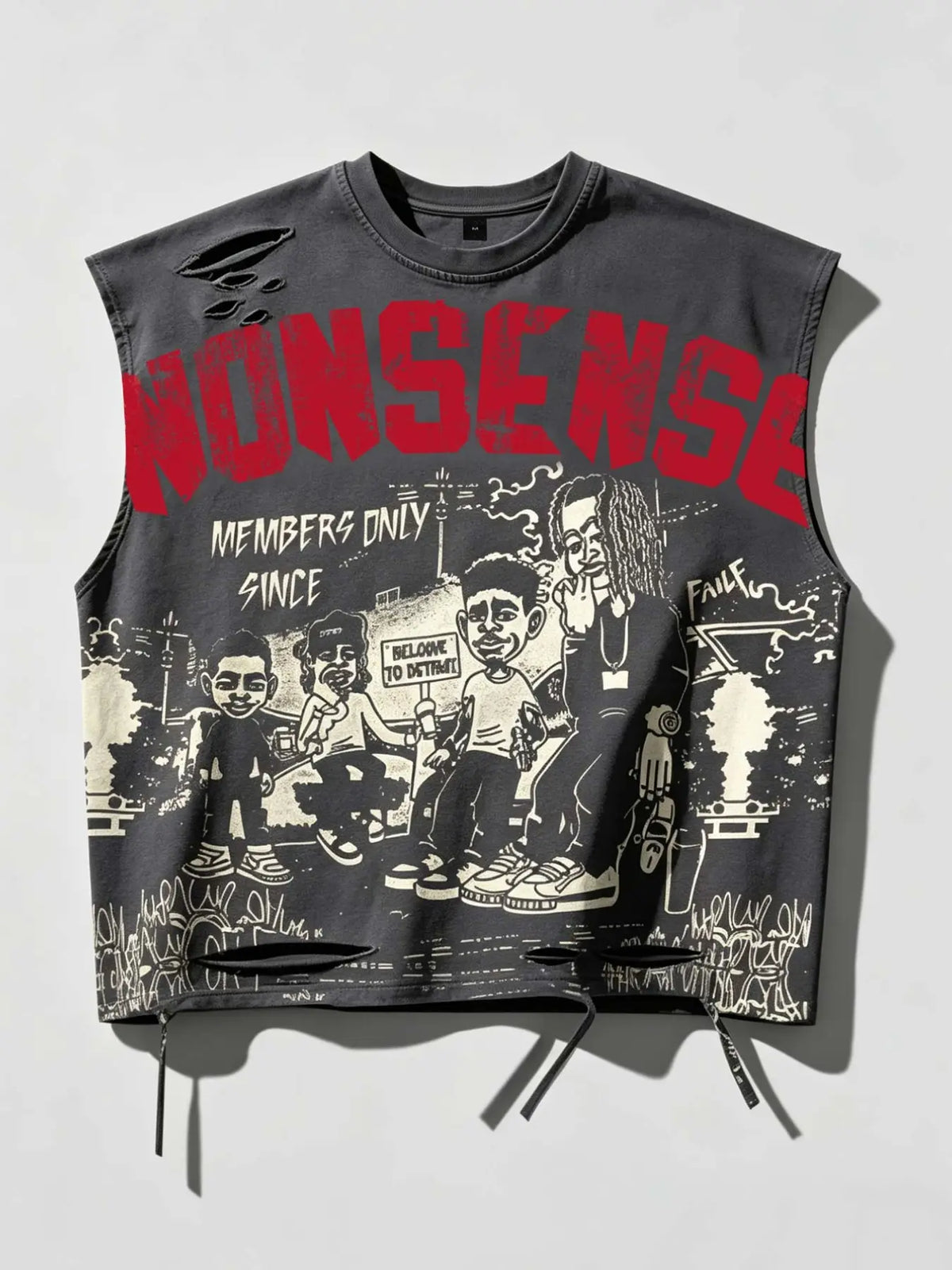 Unisex Fashion Hip Hop Music Festival Distressed Vest with Holes, Street Y2K Style Rapper Cartoon Character Print Sleeveless Top, Men's Summer American Retro Casual Vest, Oversize Streetwear, Sleeveless Graphic Vest