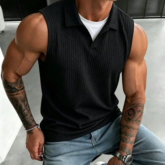 Summer solid-color sleeveless polo shirt for men, simple turn-down collar design, casual style, plus size, everyday top