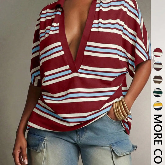 Deep V Collar Striped Polo Shirt, Loose-Fit Short Sleeve Casual Top, European and American Style T-Shirt, Comfortable and Stylish, V Neck Polo