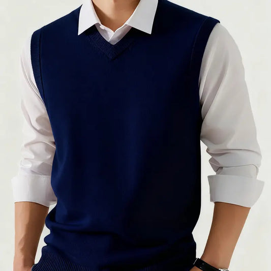 Men's Preppy V-Neck Soft Knit Vest - Layerable Sweater Vest, Polyester, Spring/Autumn Business Casual Sleeveless Menswear Basic Top