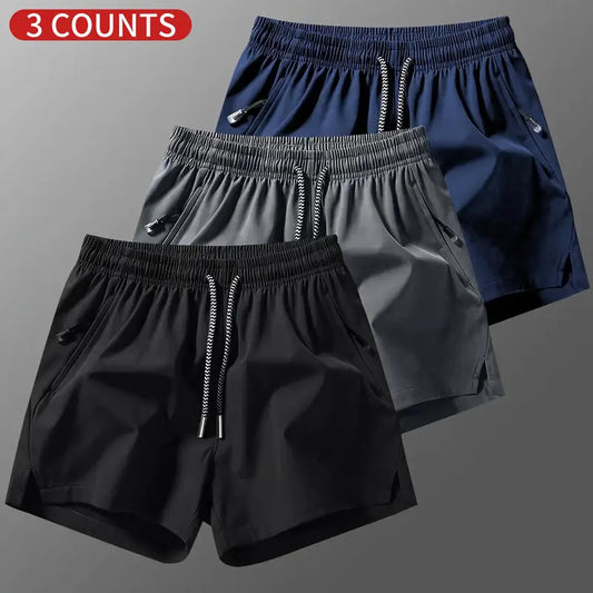 Men's 3-Counts Plain Solid Drawstring Shorts - Male Clothing, Drawstring Hold Fit, Casual Athletic Men's Shorts, Zipper Pockets, Chic Preppy Fitted Cut, Breathable Elastic Waist, Machine Washable Athleisure Bottoms, Athleisure to Beach