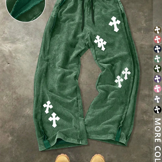 Unisex Street Style Cross Pattern Washed Sweatpants, Loose-Fit, Drawstring Waist, Cotton Fabric, Y2K Trousers, Ideal Gift, Streetwear, Casual Fashion Bottoms