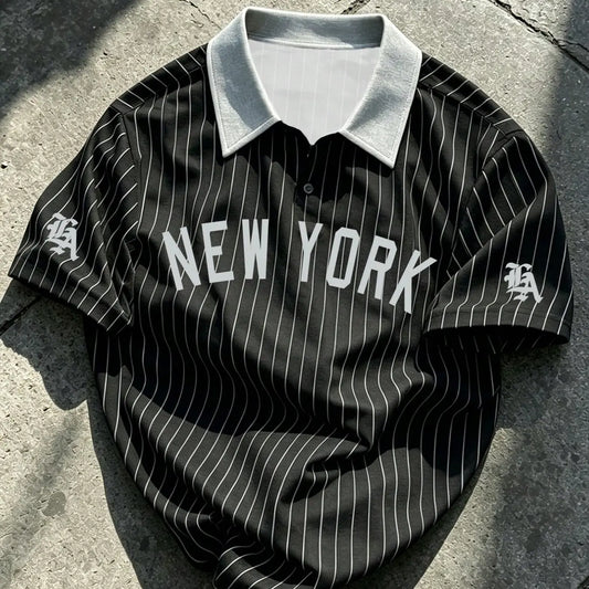 Men's Retro Vintage New York Print Striped Polo Shirt, Loose-Fit Colorblock Collar Short Sleeve Design, Trendy Casual Street Baseball Style Summer Top, Summer Polos, Summer Polo Shirts
