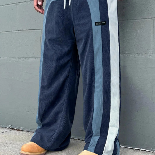 Father's Day Gift,Men's Colorblock Letter Patched Loose Fitting Drawstring Waist Corduroy Baggy Pants, Loose Casual Comfy Straight Leg Trousers for Daily Wear, Fashion Men's Bottoms for All Seasons, Menswear