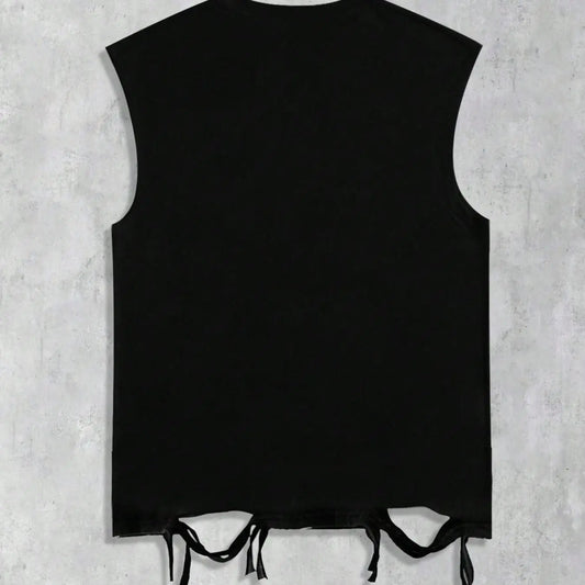 Retro racing style helmet with driver portrait print, distressed drawstring sleeveless vest, Victory slogan, Podium logo, distressed hem, men's black loose round neck casual top, unisex style, Streetwear, street style