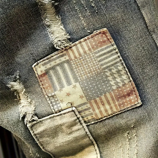 Distressed patchwork non-stretch denim shorts — bold retro summer casual bottoms