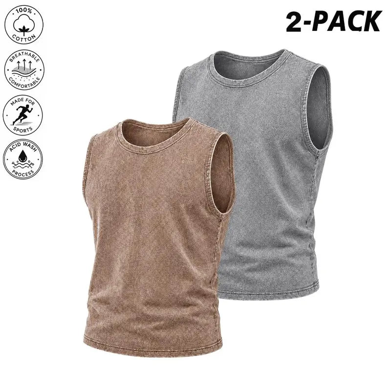 2-pack acid-wash tank tops — unisex sleeveless cotton muscle T-shirts and loose retro street-style cropped tops, suitable for summer layering and casual wear