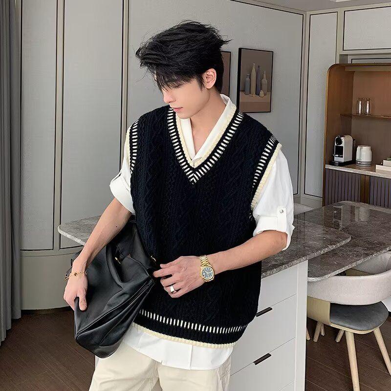 Men's Fashion Plain Sleeveless Korean-Style V-Neck Academy Sports Vest - Regular Fit, Standard Length, Relaxed Loose Menswear Casual Top for Spring & Autumn Sports, Outdoor Activities (Multi-Size, M Available)