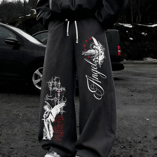 Dark Punk Angel Sword Printed Wide Leg Pants, High Street Drawstring Loose Straight Leg Sweatpants, Casual Lounge Pants for Men and Women, Unisex Spring & Fall Casual Fitted, Casual Streetwear Trousers, Autumn Casual Pants