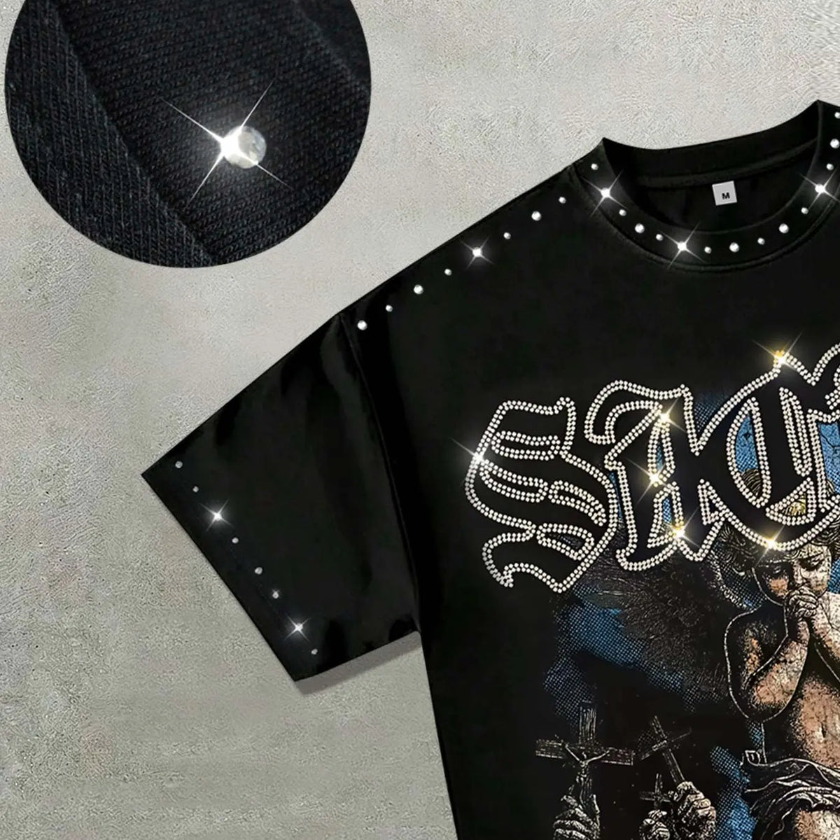 Men's Blessed Rhinestone-Collar Cotton T-Shirt, Fashion Dark Angel Graphic Print Round-Neck Top, Casual Streetwear, Vintage Retro Style Short-Sleeve Shirt, Casual Graphic Tee