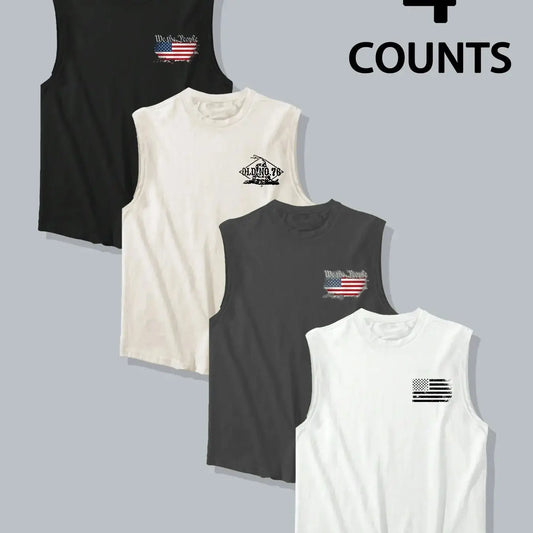 Large Size Men's 4-Piece Set, Casual Loose-Fitting Graphic Top, Plain Surface Cut Out Design, Unlined Clothing for Comfort, Sleeveless Casual Clothes, Menswear, Cutout Sleeveless